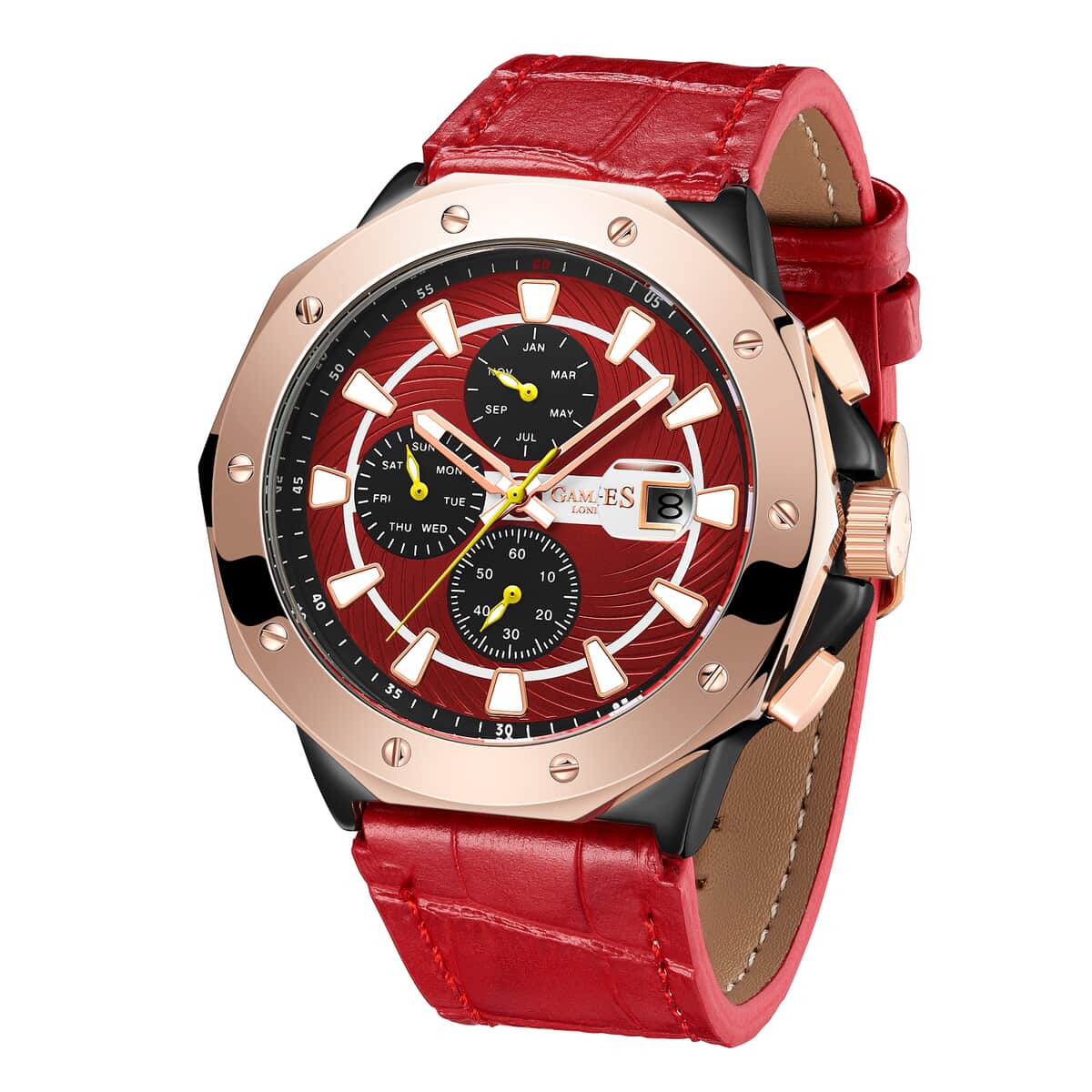Gamages of London Limited Edition Hand Assembled Military Sports Automatic Movement Red Genuine Leather Strap Watch in RG ION Plating (45mm) image number 2