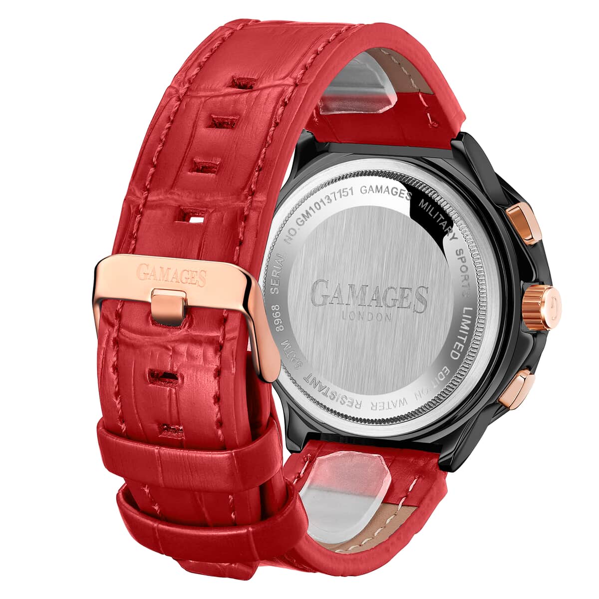 Gamages of London Limited Edition Hand Assembled Military Sports Automatic Movement Red Genuine Leather Strap Watch in RG ION Plating (45mm) image number 3