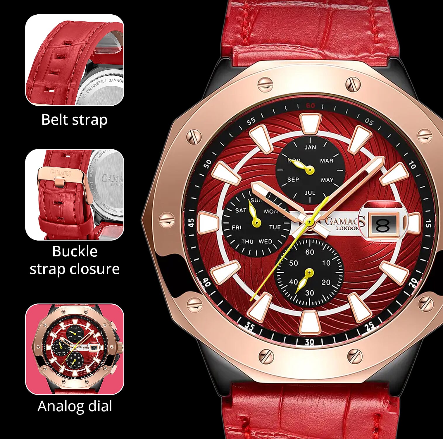 Gamages of London Limited Edition Hand Assembled Military Sports Automatic Movement Red Genuine Leather Strap Watch in RG ION Plating (45mm)