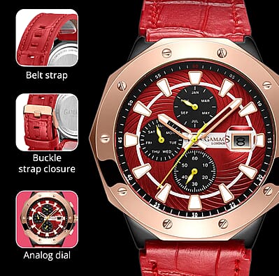 Gamages of London Limited Edition Hand Assembled Military Sports Automatic Movement Red Genuine Leather Strap Watch in RG ION Plating (45mm)