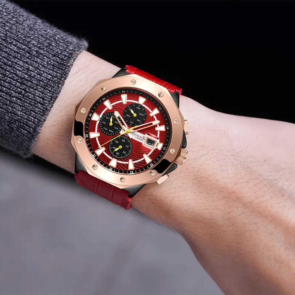Gamages of London Limited Edition Hand Assembled Military Sports Automatic Movement Red Genuine Leather Strap Watch in RG ION Plating (45mm) image number 6