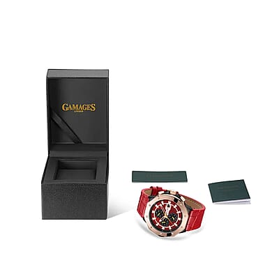 Gamages of London Limited Edition Hand Assembled Military Sports Automatic Movement Red Genuine Leather Strap Watch in RG ION Plating (45mm)