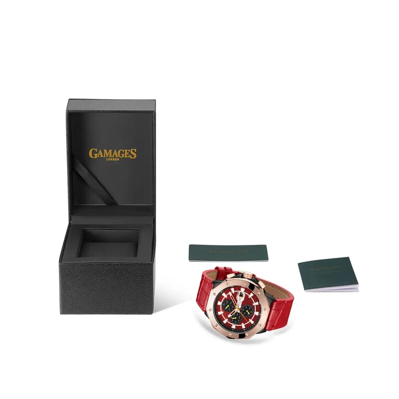 Gamages of London Limited Edition Hand Assembled Military Sports Automatic Movement Red Genuine Leather Strap Watch in RG ION Plating (45mm)