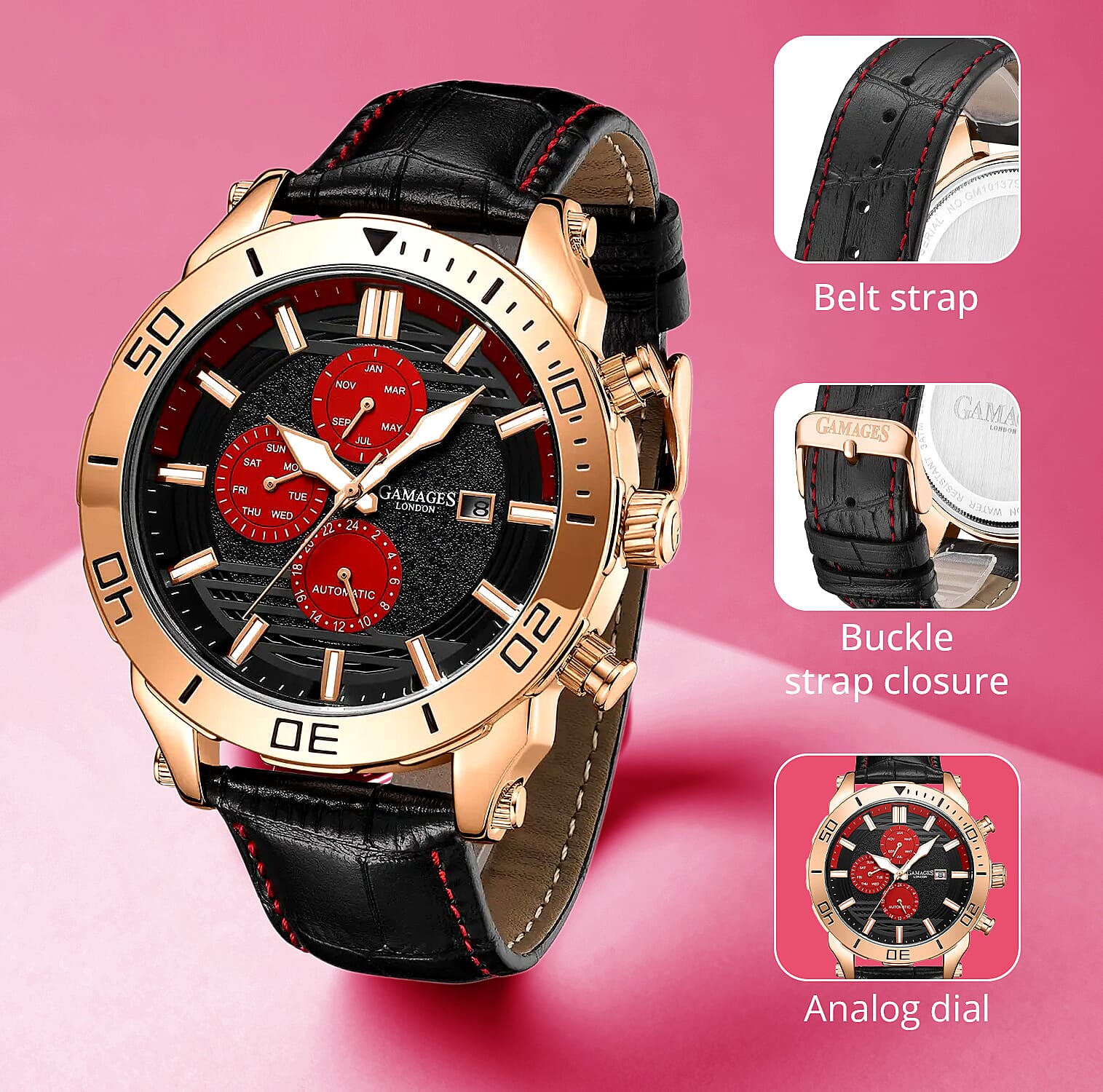Gamages of London Limited Edition Hand Assembled Velocity Racer Automatic Movement Leather Strap Watch in RG ION Plating (45mm)