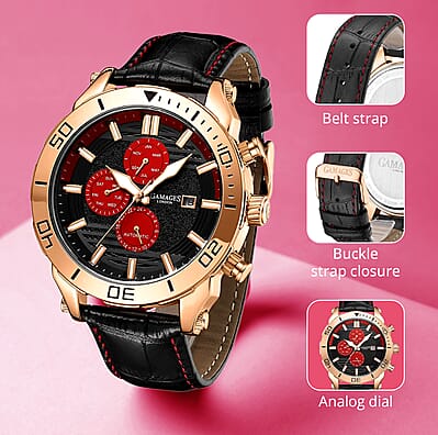 Gamages of London Limited Edition Hand Assembled Velocity Racer Automatic Movement Leather Strap Watch in RG ION Plating (45mm)