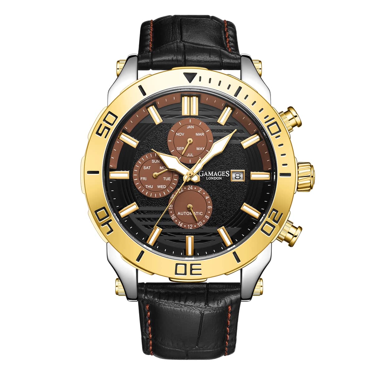 Gamages of London Limited Edition Hand Assembled Velocity Racer Automatic Movement Black Genuine Leather Strap Watch (45mm) with FREE GIFT PEN image number 0