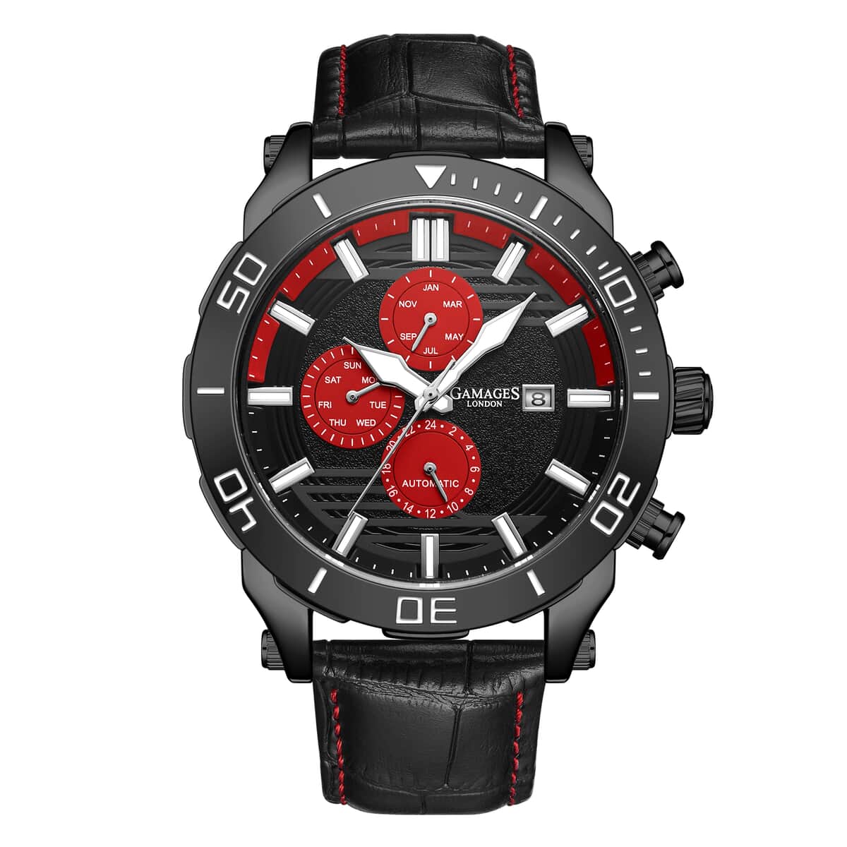 Gamages of London Limited Edition Hand Assembled Velocity Racer Automatic Movement Leather Strap Watch in Black ION Plating (45mm) with FREE GIFT PEN image number 0
