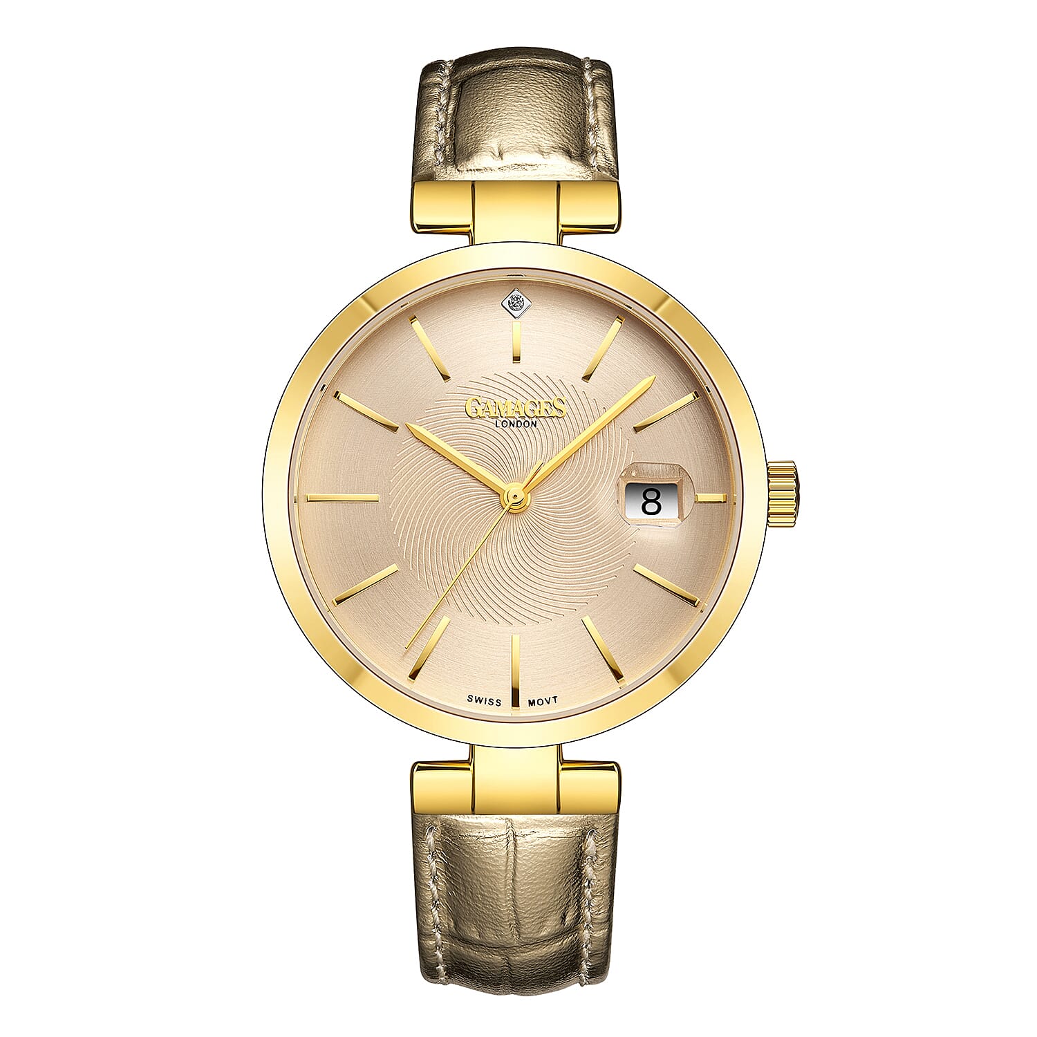 GAMAGES OF LONDON Spiral Diamond Swiss Quartz Movement Goldtone Genuine Leather Strap Watch in Gold ION Plating (38mm)