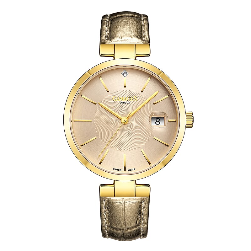 GAMAGES OF LONDON Spiral Diamond Swiss Quartz Movement Goldtone Genuine Leather Strap Watch in Gold ION Plating (38mm)