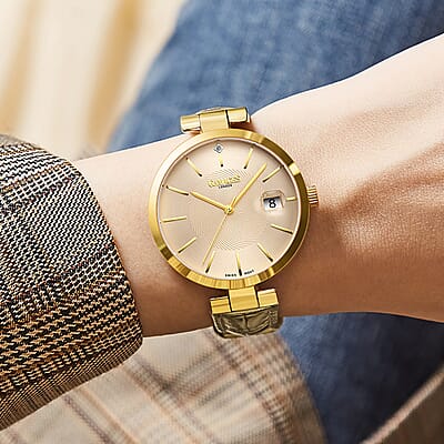 GAMAGES OF LONDON Spiral Diamond Swiss Quartz Movement Goldtone Genuine Leather Strap Watch in Gold ION Plating (38mm)
