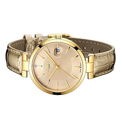 GAMAGES OF LONDON Spiral Diamond Swiss Quartz Movement Goldtone Genuine Leather Strap Watch in Gold ION Plating (38mm)