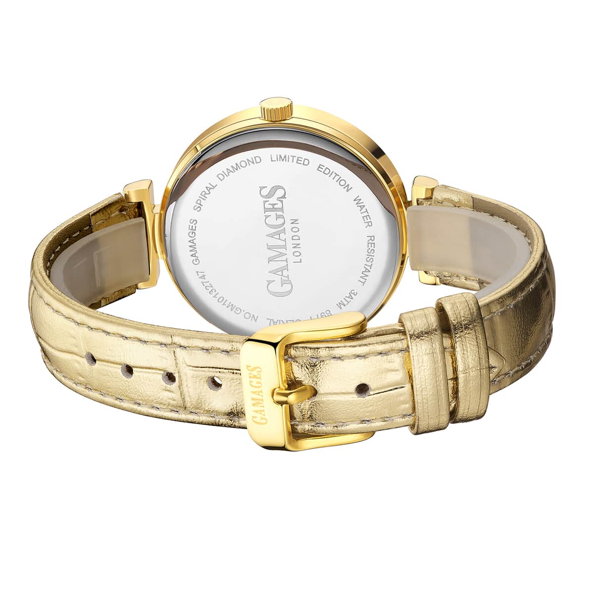 GAMAGES OF LONDON Ladies Spiral Diamond Quartz Chronograph Movement Goldtone Genuine Leather Strap Watch in Gold ION Plating (38mm) image number 3