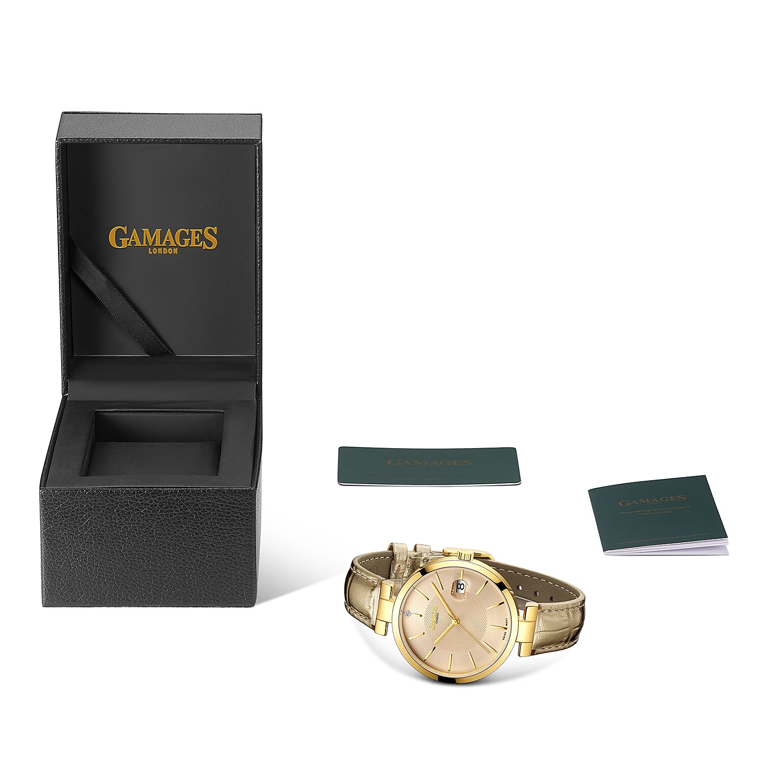 GAMAGES OF LONDON Spiral Diamond Swiss Quartz Movement Goldtone Genuine Leather Strap Watch in Gold ION Plating (38mm)