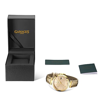 GAMAGES OF LONDON Spiral Diamond Swiss Quartz Movement Goldtone Genuine Leather Strap Watch in Gold ION Plating (38mm)