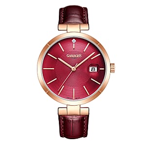 GAMAGES OF LONDON Spiral Diamond Swiss Quartz Movement Raspberry Genuine Leather Strap Watch in RG ION Plating (38mm)