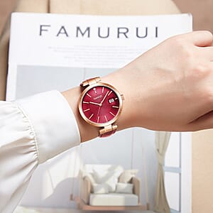 GAMAGES OF LONDON Spiral Diamond Swiss Quartz Movement Raspberry Genuine Leather Strap Watch in RG ION Plating (38mm)