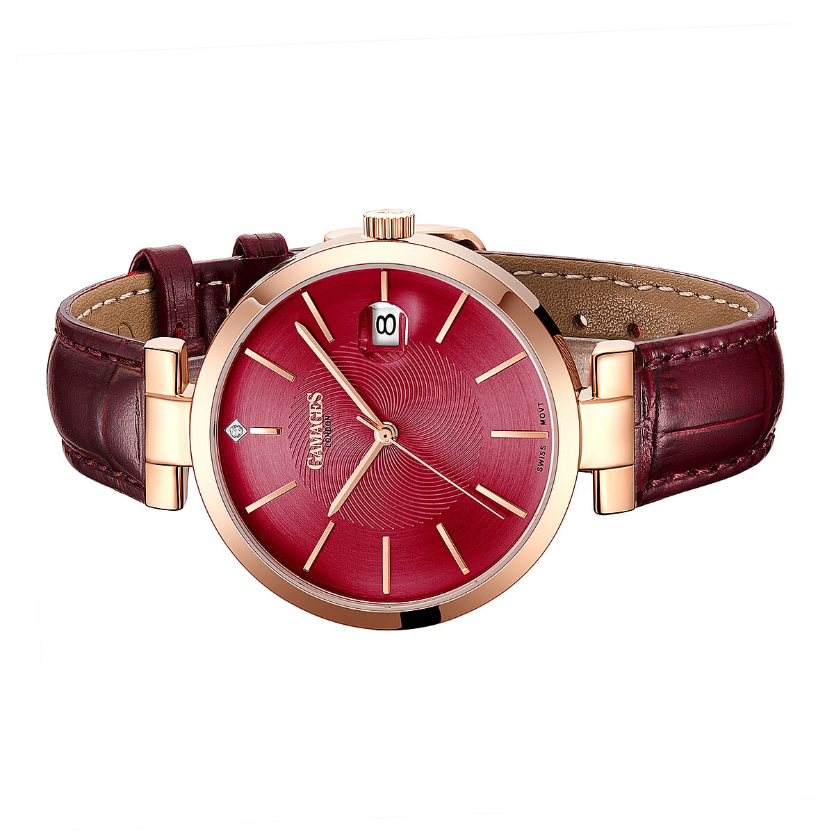 GAMAGES OF LONDON Spiral Diamond Swiss Quartz Movement Raspberry Genuine Leather Strap Watch in RG ION Plating (38mm) image number 2