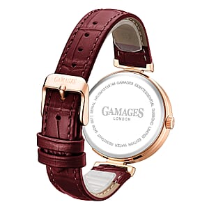 GAMAGES OF LONDON Spiral Diamond Swiss Quartz Movement Raspberry Genuine Leather Strap Watch in RG ION Plating (38mm)