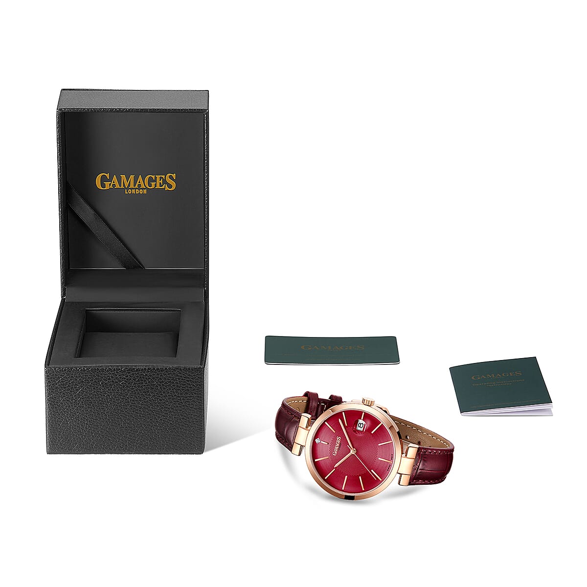 GAMAGES OF LONDON Spiral Diamond Swiss Quartz Movement Raspberry Genuine Leather Strap Watch in RG ION Plating (38mm) image number 4