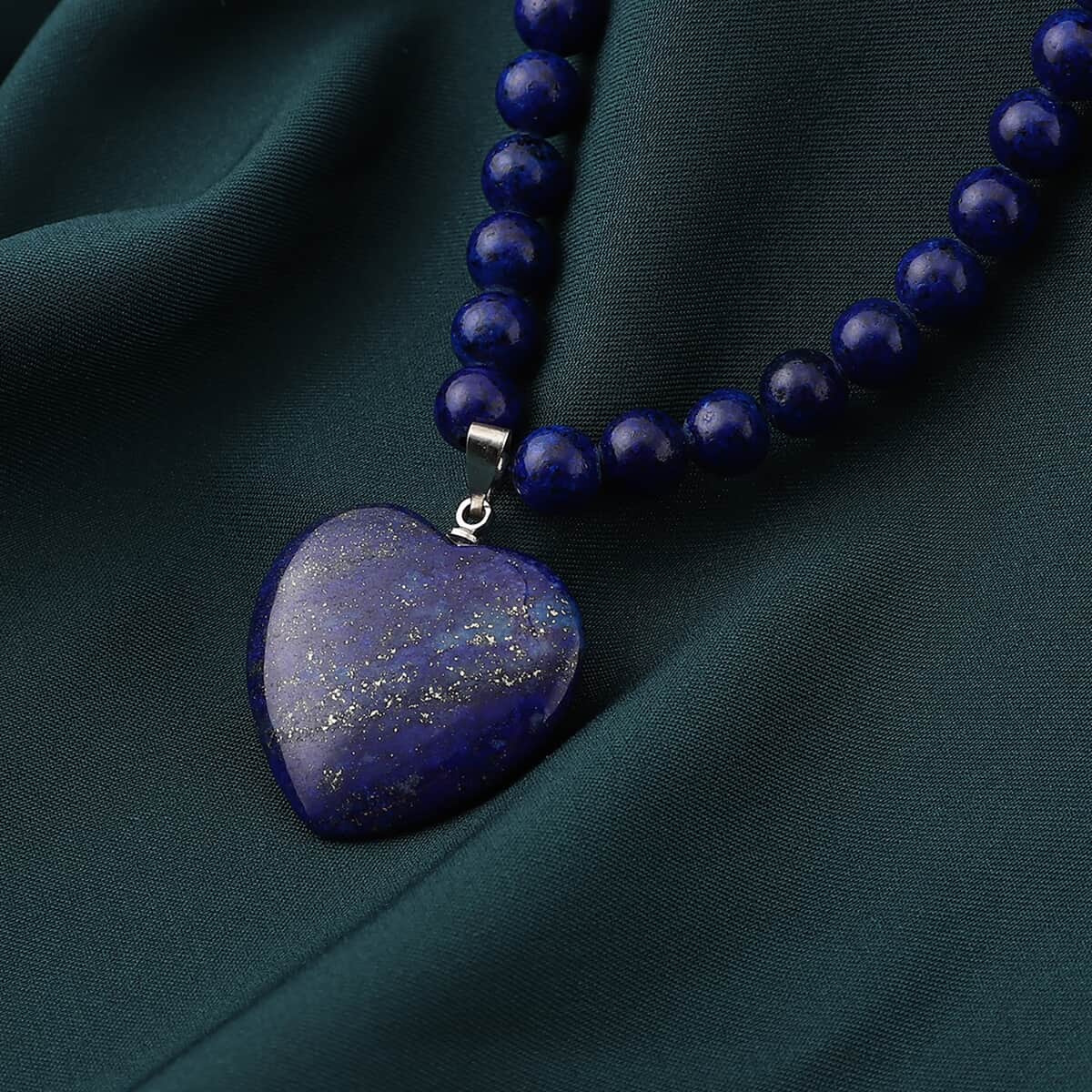 Lapis Lazuli Beaded Necklace with Heart Pendant 18 Inches in Silvertone 145.50 ctw image number 1