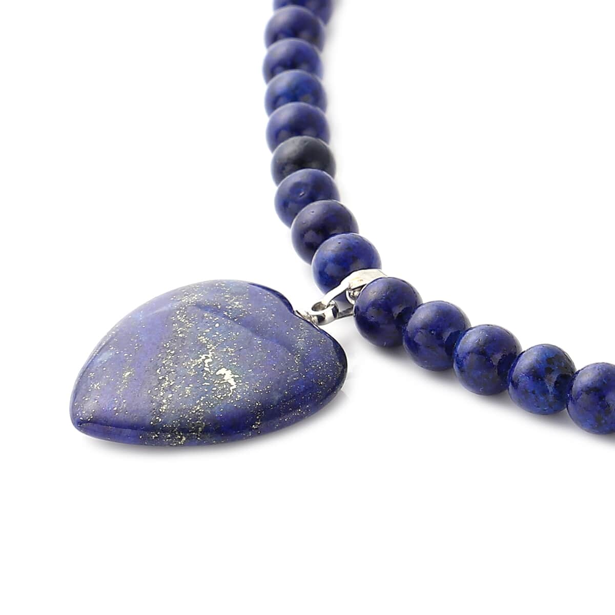 Lapis Lazuli Beaded Necklace with Heart Pendant 18 Inches in Silvertone 145.50 ctw image number 2