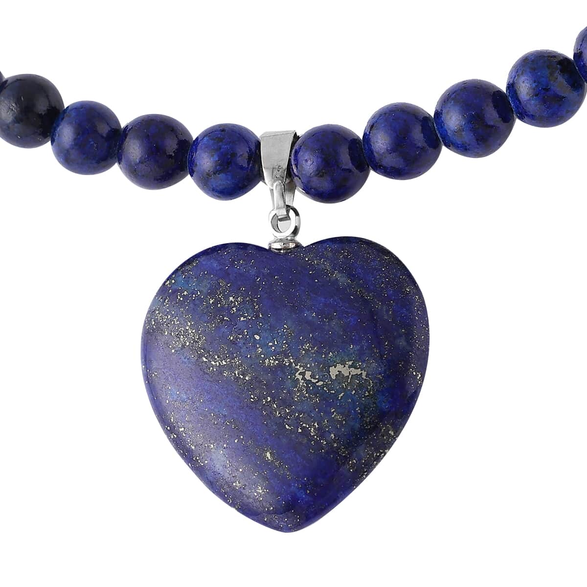Lapis Lazuli Beaded Necklace with Heart Pendant 18 Inches in Silvertone 145.50 ctw image number 3