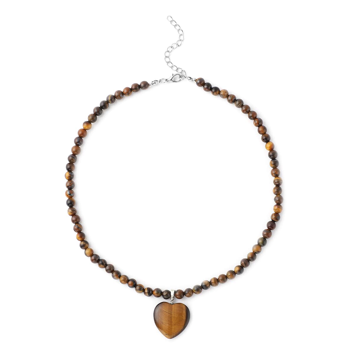 Yellow Tiger's Eye Beaded Necklace with Heart Pendant 18-20 Inches in Silvertone 154.50 ctw image number 0