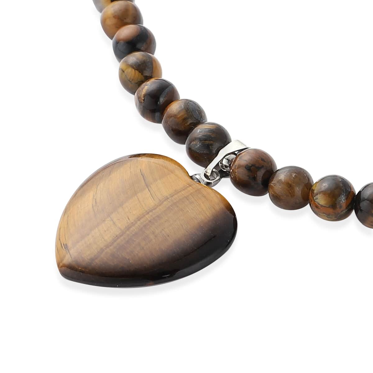 Yellow Tiger's Eye Beaded Necklace with Heart Pendant 18-20 Inches in Silvertone 154.50 ctw image number 2