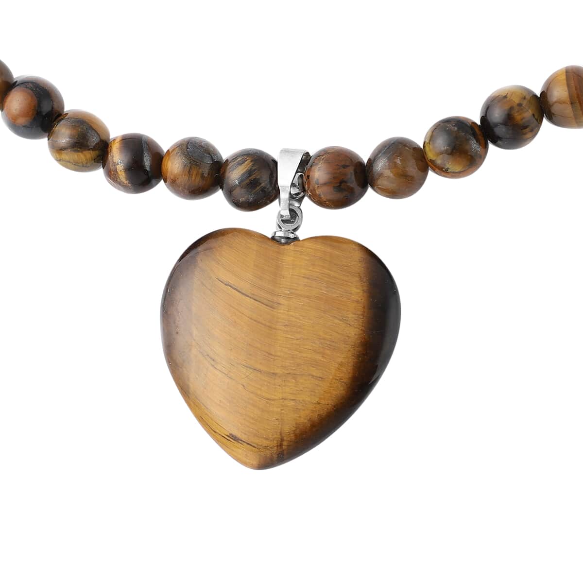 Yellow Tiger's Eye Beaded Necklace with Heart Pendant 18-20 Inches in Silvertone 154.50 ctw image number 3