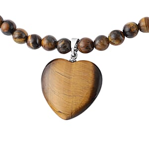 Yellow Tiger's Eye Beaded Necklace with Heart Pendant 18-20 Inches in Silvertone 154.50 ctw