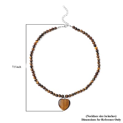 Yellow Tiger's Eye Beaded Necklace with Heart Pendant 18-20 Inches in Silvertone 154.50 ctw