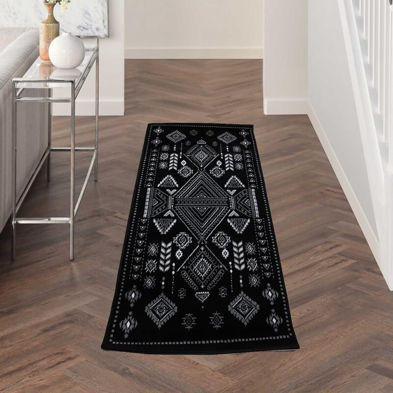 Black and white Mirza Geometric Pattern Non Skid Ultra-Soft Polypropylene Rug