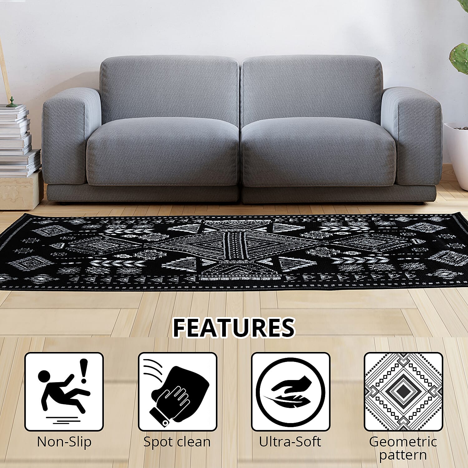 Black and white Mirza Geometric Pattern Non Skid Ultra-Soft Polypropylene Rug