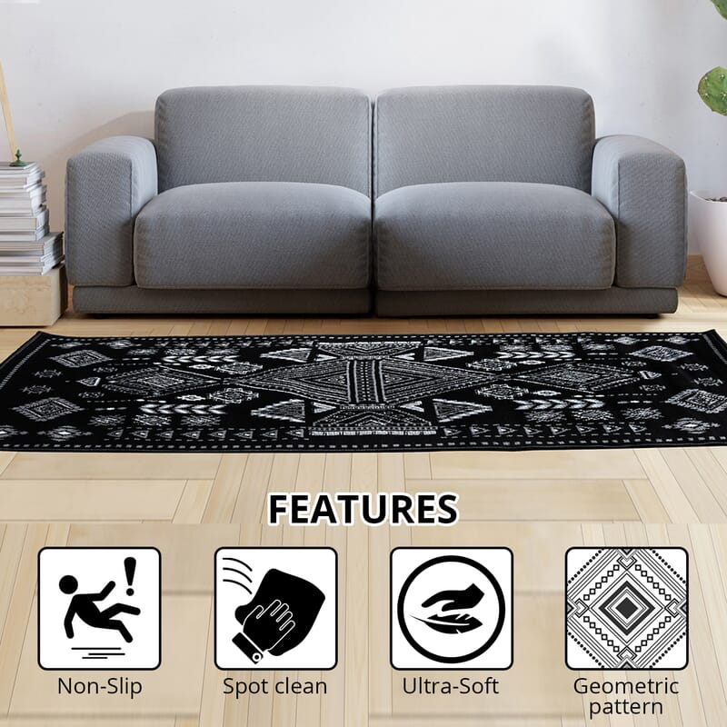 Black and white Mirza Geometric Pattern Non Skid Ultra-Soft Polypropylene Rug