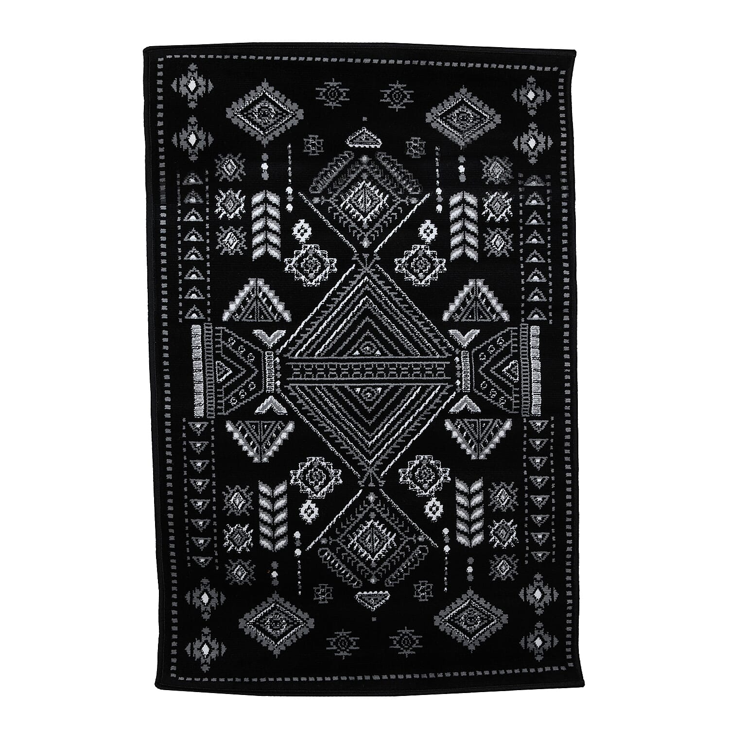 Black and white Mirza Geometric Pattern Non Skid Ultra-Soft Polypropylene Rug
