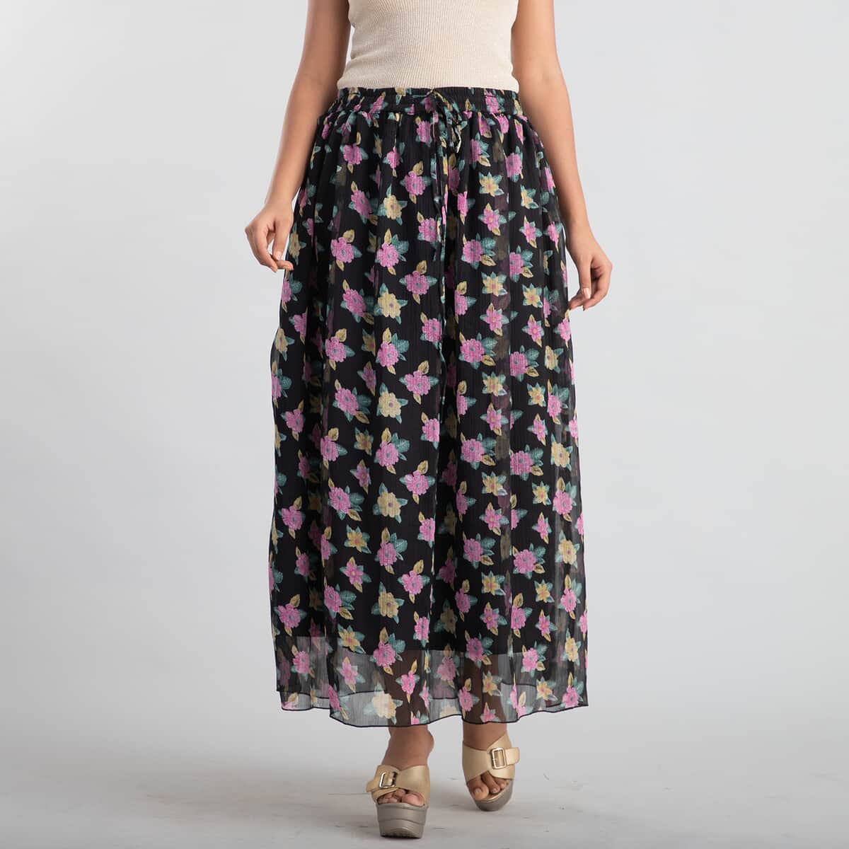 Jovie Black Floral Printed Skirt for Women with Drawstring - One Size Fits Most , Long Skirt , Summer Skirts , Women Skirt image number 0
