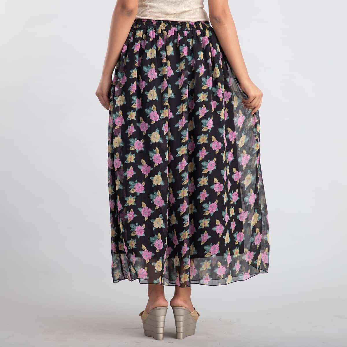 Jovie Black Floral Printed Skirt for Women with Drawstring - One Size Fits Most , Long Skirt , Summer Skirts , Women Skirt image number 1