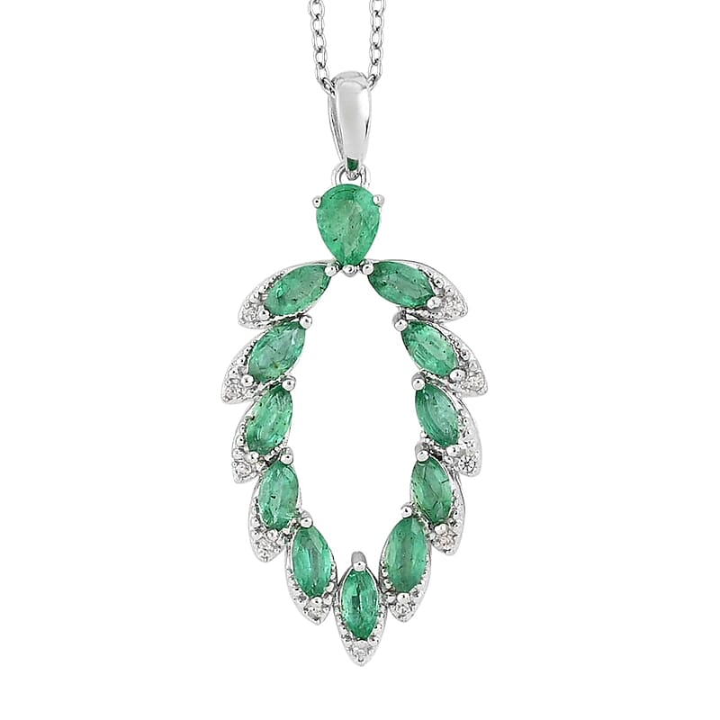 AAA Kagem Emerald and White Zircon Marquise Pendant Necklace 18 Inches in Rhodium Over Sterling Silver 1.75 ctw