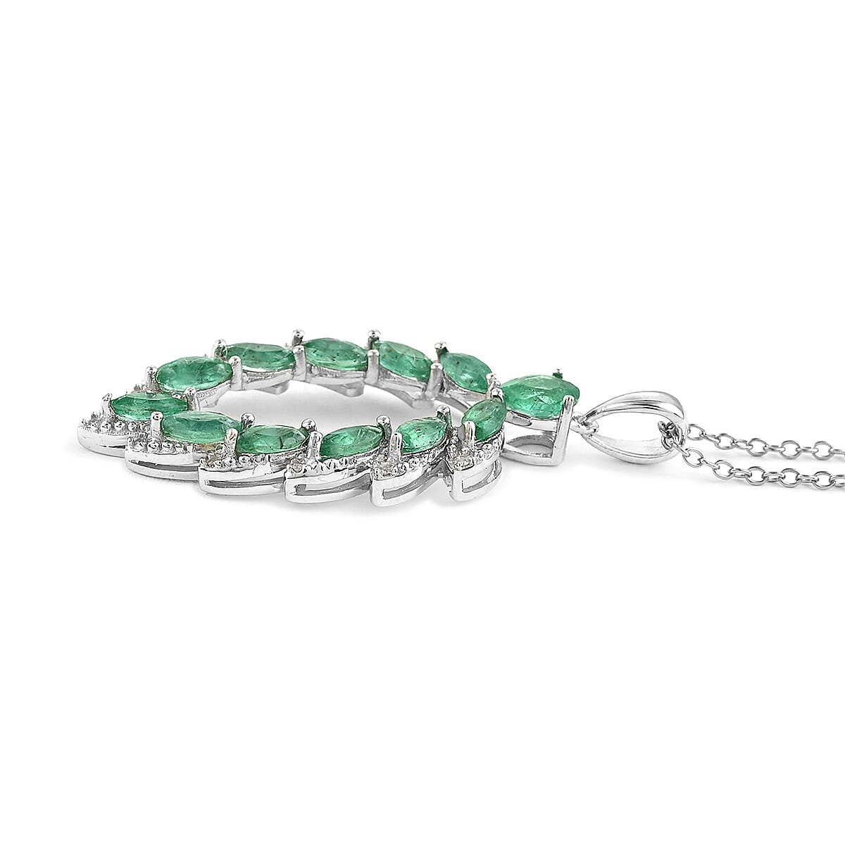 AAA Kagem Emerald and White Zircon Marquise Pendant Necklace 18 Inches in Rhodium Over Sterling Silver 1.75 ctw image number 2