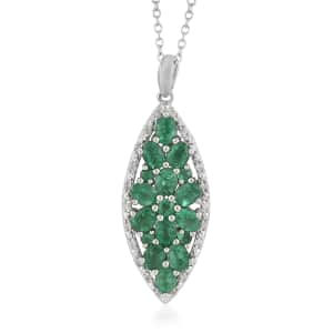 AAA Kagem Emerald and White Zircon Cluster Pendant Necklace 18 Inches in Rhodium Over Sterling Silver 2.40 ctw