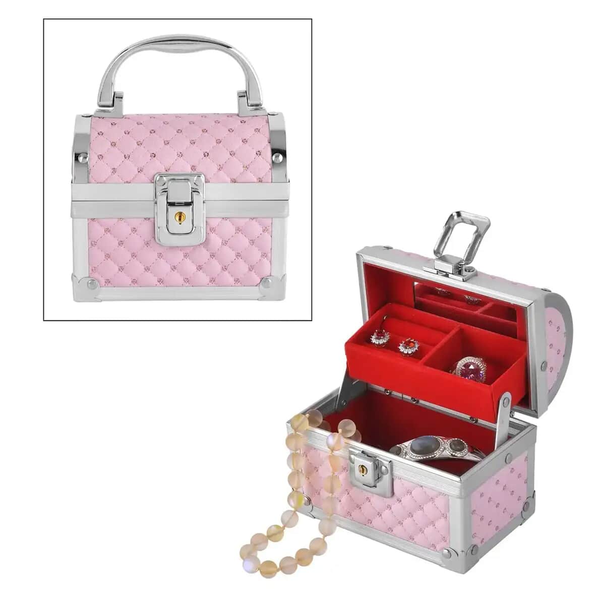 Pink Quilted Pattern Faux Leather 2 Layer Jewelry Box with Metallic Lock and Key image number 0