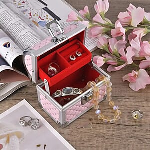 Pink Quilted Pattern Faux Leather 2 Layer Jewelry Box with Metallic Lock and Key