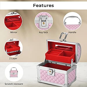 Pink Quilted Pattern Faux Leather 2 Layer Jewelry Box with Metallic Lock and Key