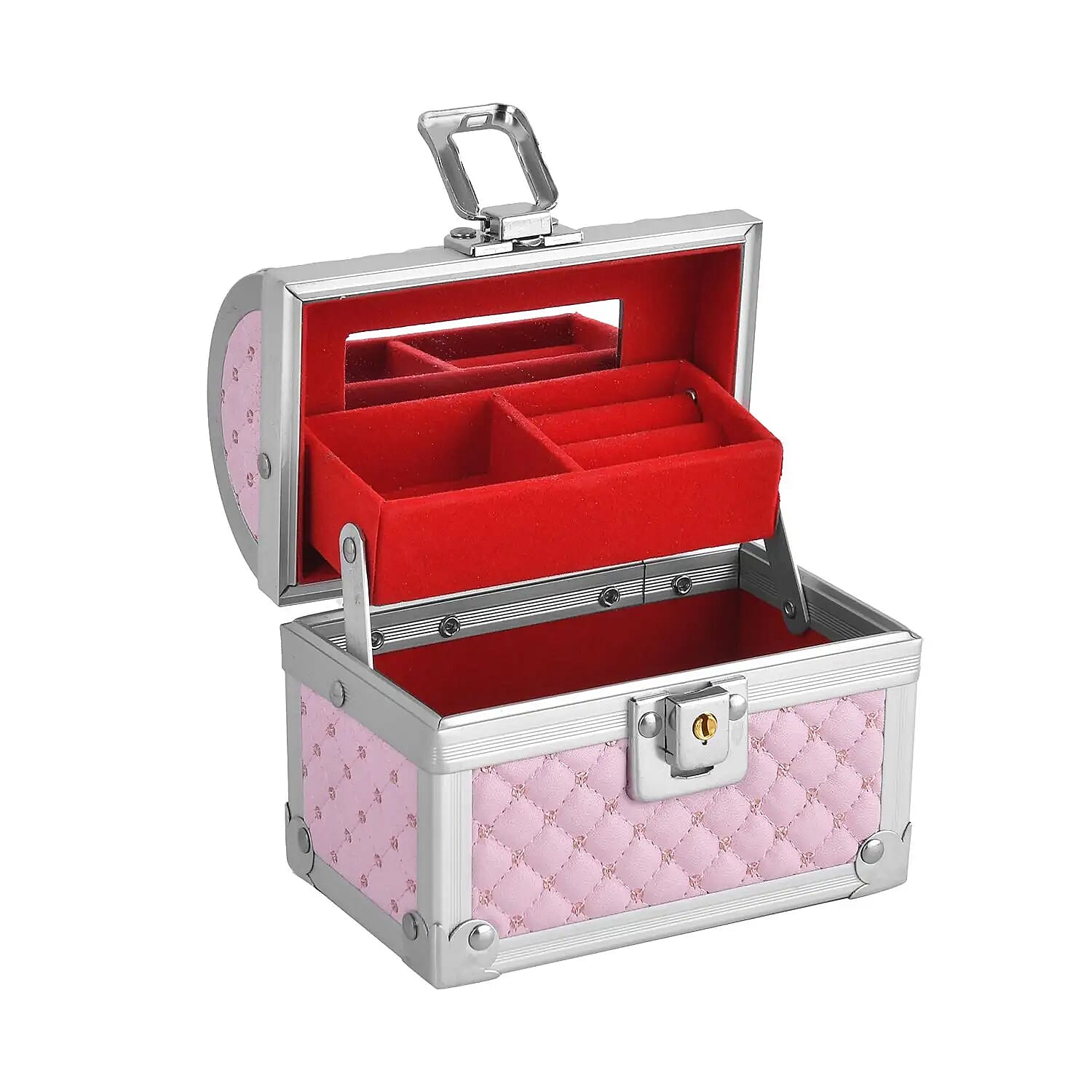 Pink Quilted Pattern Faux Leather 2 Layer Jewelry Box with Metallic Lock and Key