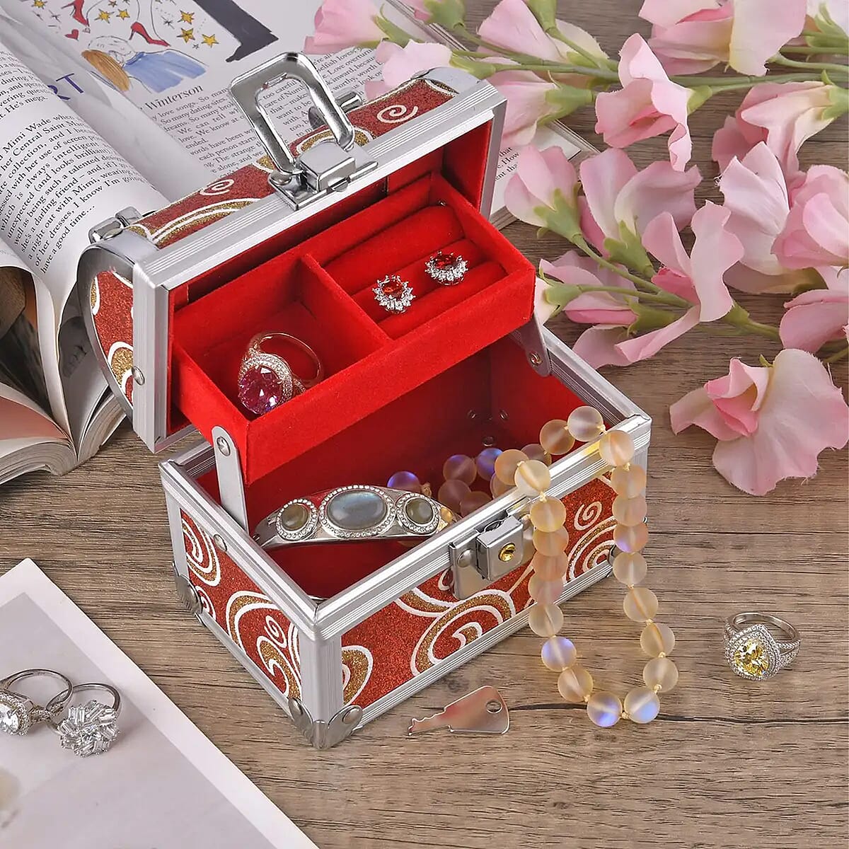 Red Quilted Pattern Faux Leather 2 Layer Jewelry Box with Metallic Lock and Key image number 1