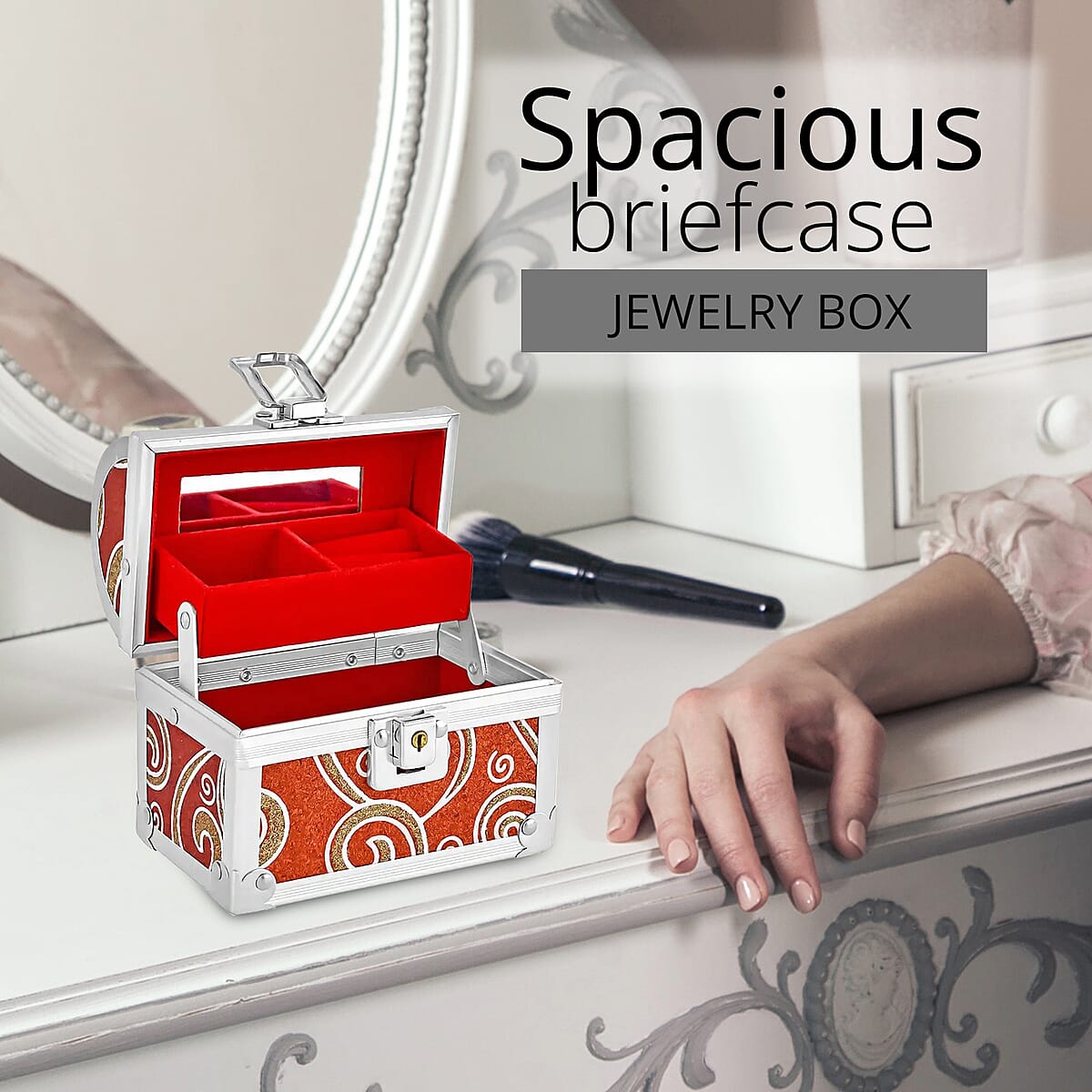 Red Quilted Pattern Faux Leather 2 Layer Jewelry Box with Metallic Lock and Key image number 2