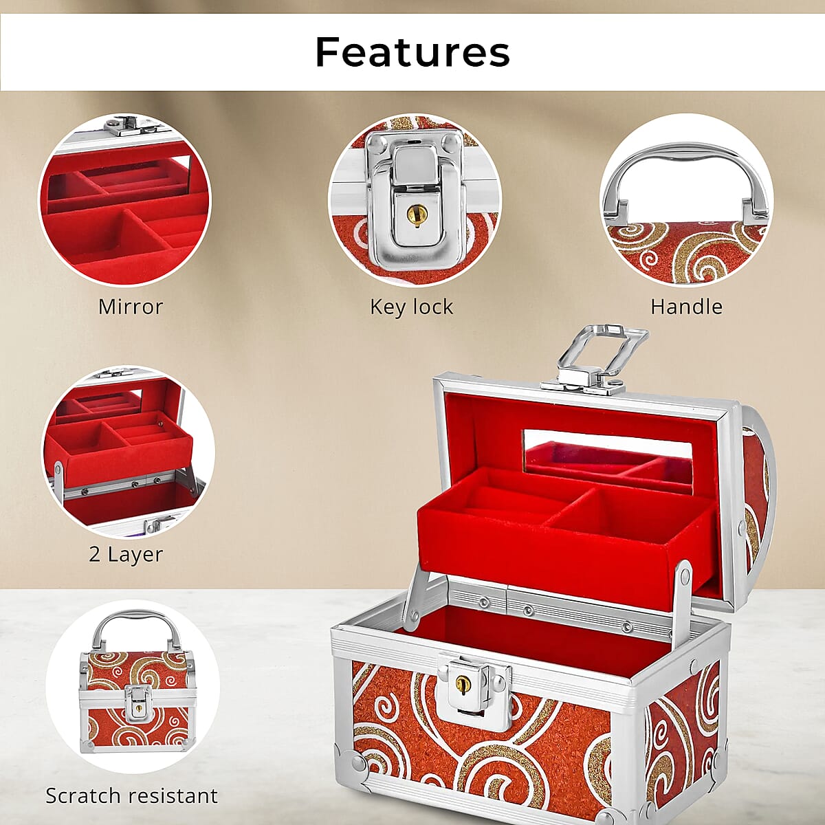Red Quilted Pattern Faux Leather 2 Layer Jewelry Box with Metallic Lock and Key image number 3