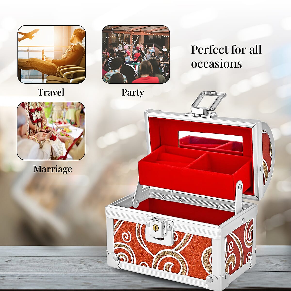 Red Quilted Pattern Faux Leather 2 Layer Jewelry Box with Metallic Lock and Key image number 4