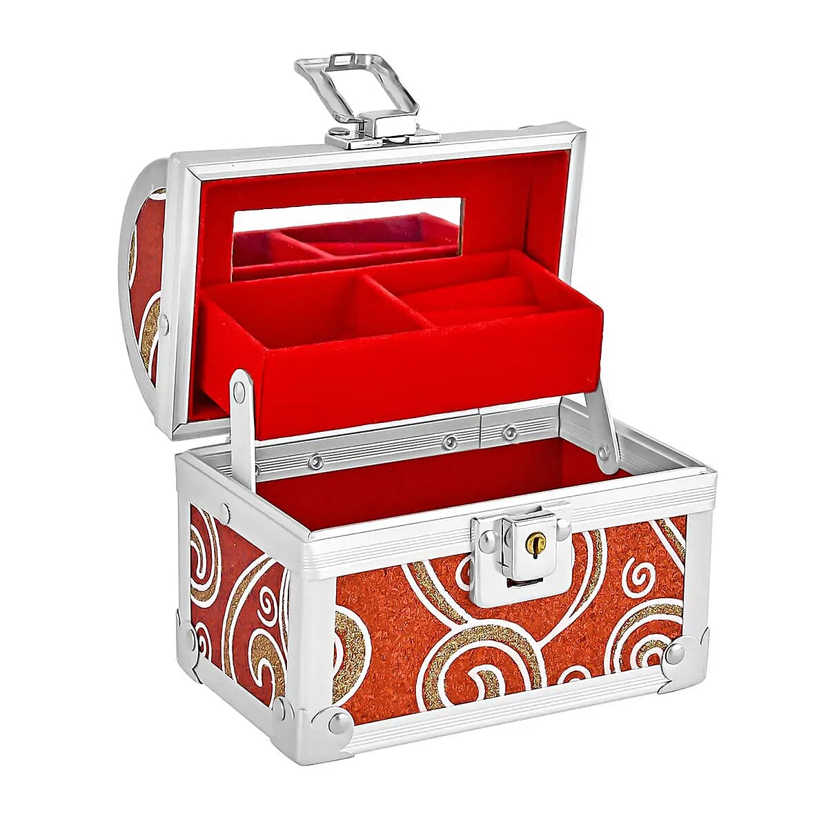 Red Quilted Pattern Faux Leather 2 Layer Jewelry Box with Metallic Lock and Key image number 6