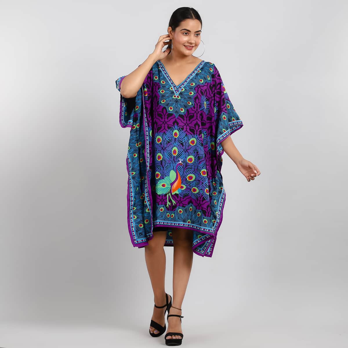 Tamsy Purple Peacock Screen Printed Mid Short Kaftan - One Size Fits Most image number 0